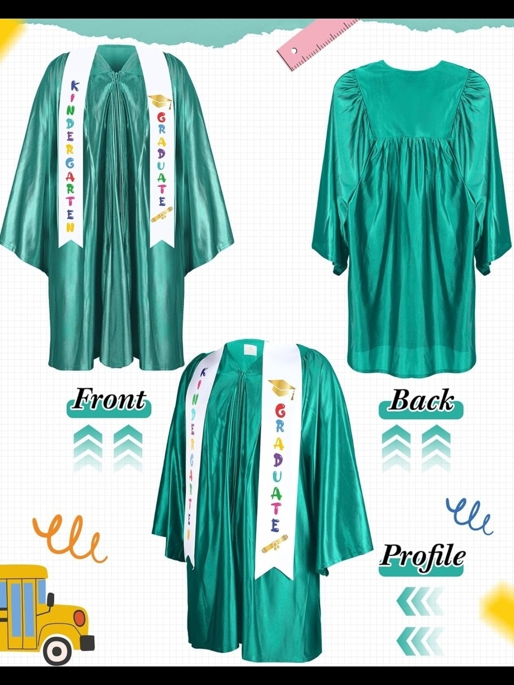 Kids Graduation Costume Gown with White Kindergarten Sash - Green